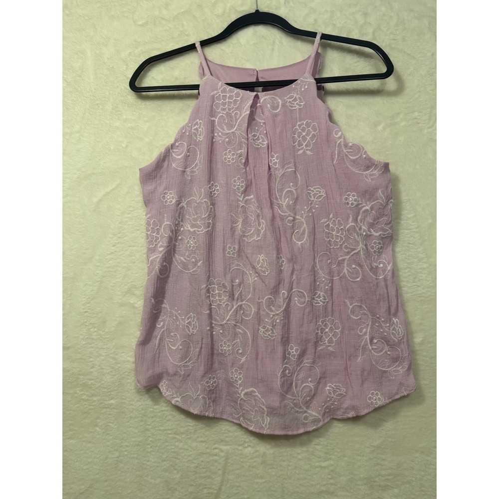IN San Francisco Lavender Floral‎ Embroidered Halter Top Purple Scallop Hem Med